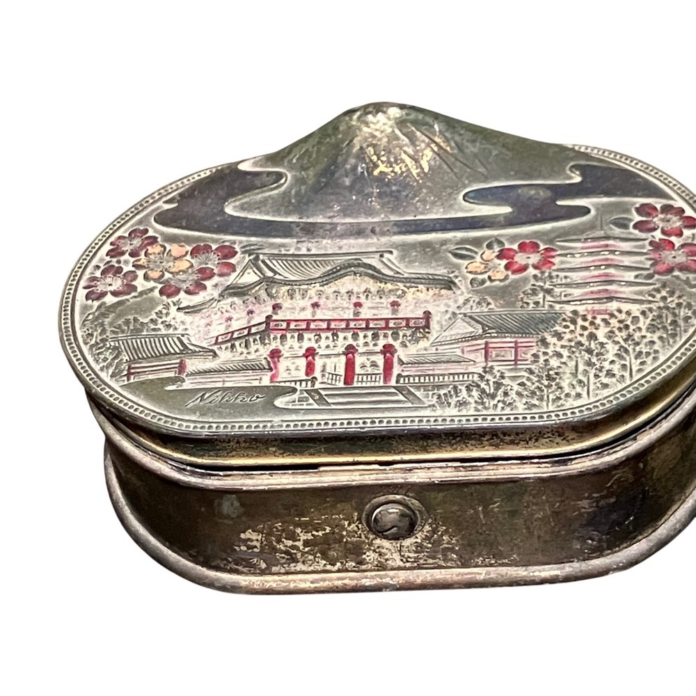 Vintage Japan Fuji Pagoda Trinket Scenic Keepsake Box Small Silver Oval Hinged - Picture 3 of 7